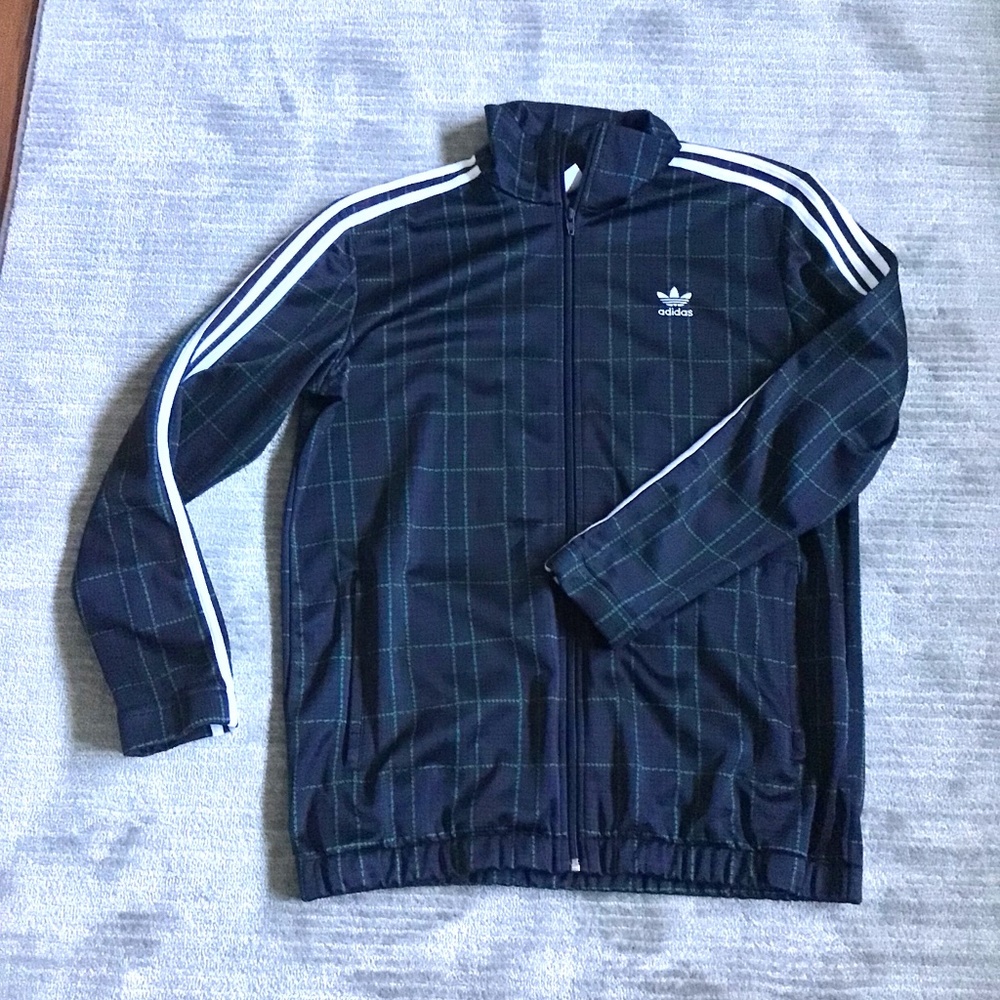 Mens Adidas lightweight jacket blue and green plaid